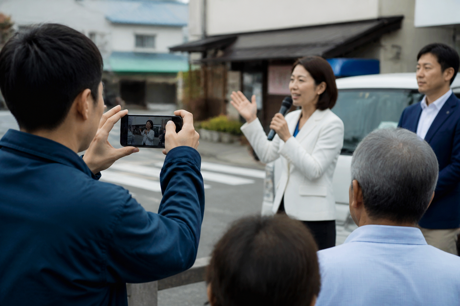 街頭活動の様子をスマートフォンで撮影する広報スタッフ