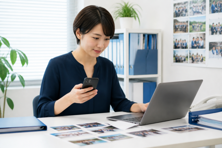 一つの地域活動の写真素材をスマートフォンとパソコンでSNS別に整理する広報担当者