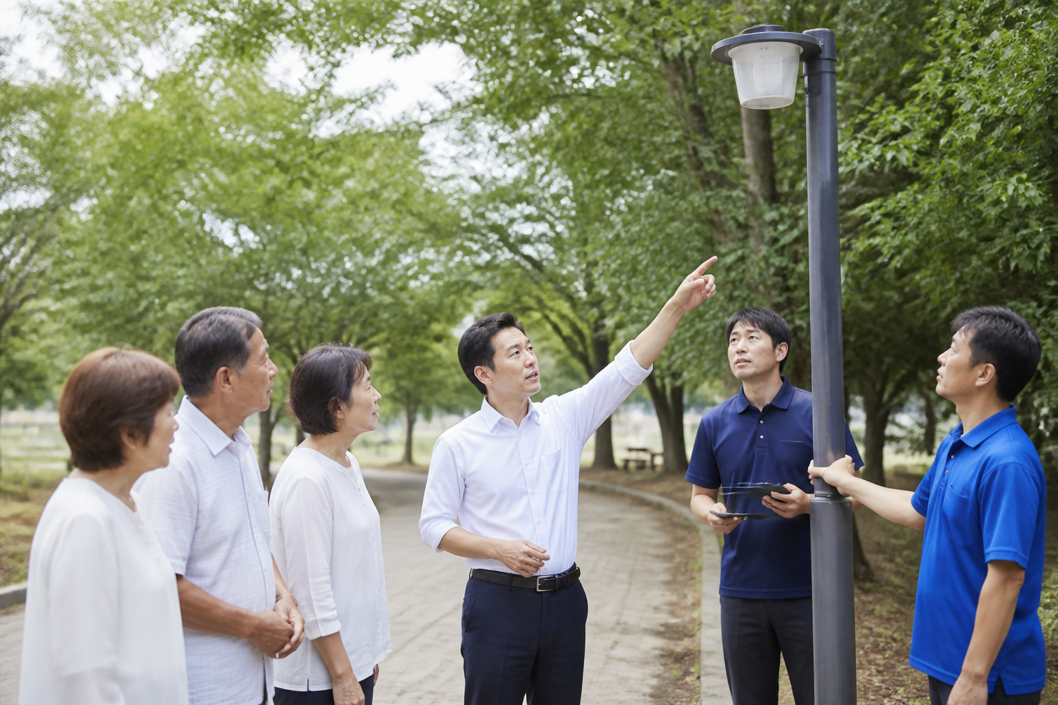 地域の公園で通路や設備を確認しながら住民の話を聞く活動の様子