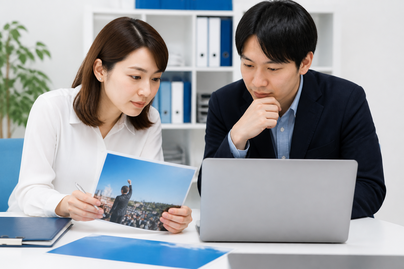 投稿前に写真と原稿の内容を二人で確認する事務所スタッフ