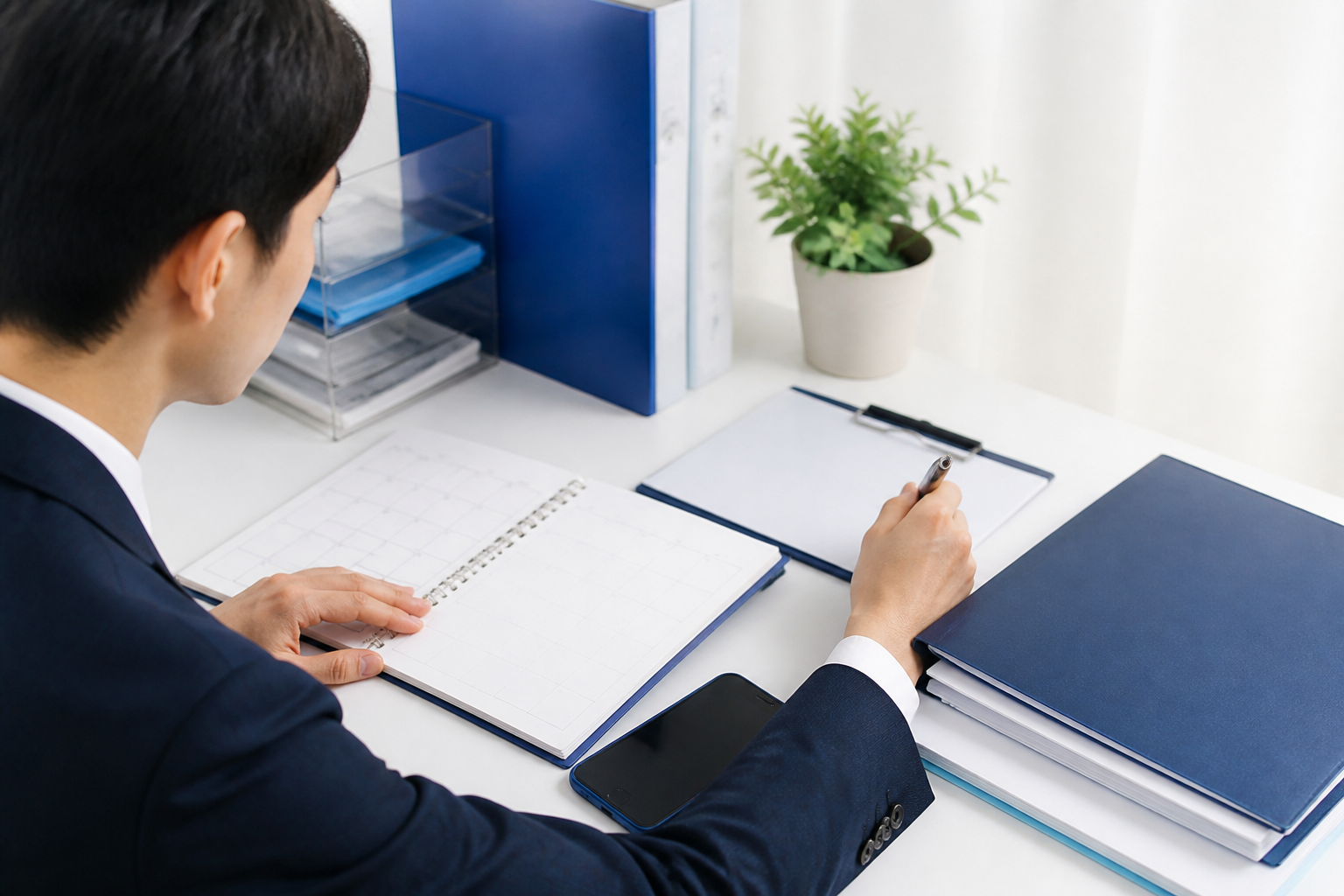 日常活動と選挙期間中の発信予定を分けて確認する事務所スタッフ