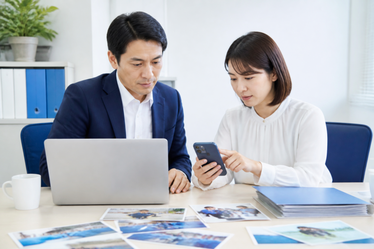 議員事務所でSNS投稿の下書きを一緒に確認する議員とスタッフ