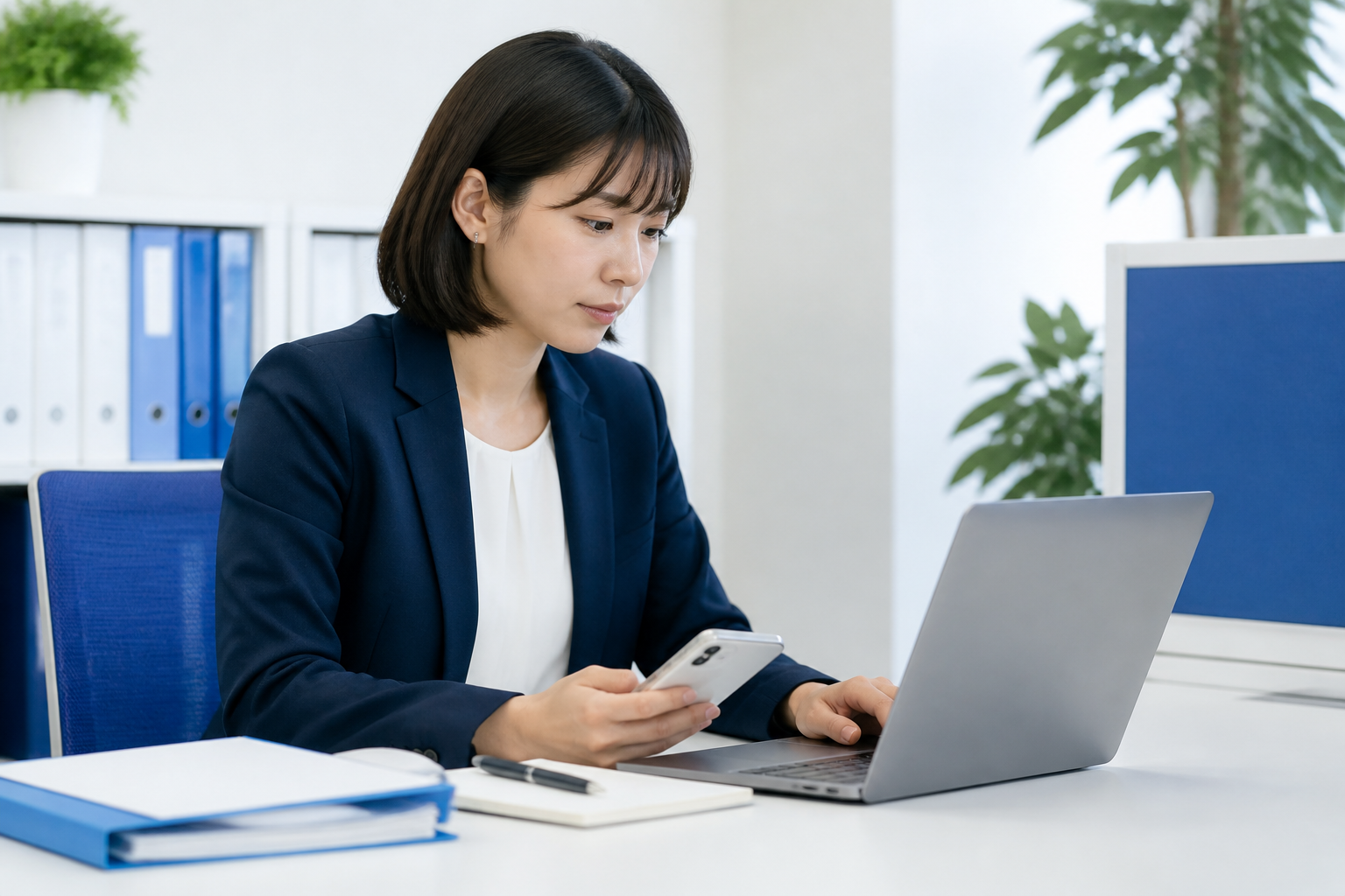 複数のSNS媒体に合わせた投稿文を準備する広報スタッフ