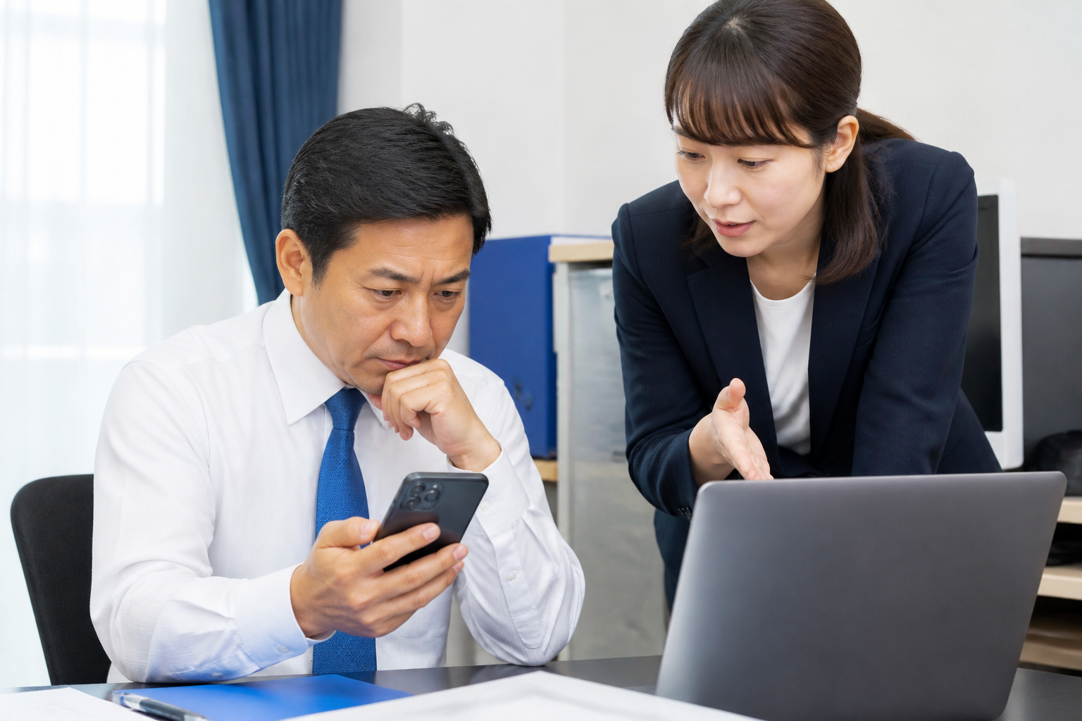 忙しい日にSNS投稿案を確認して承認する議員とスタッフ