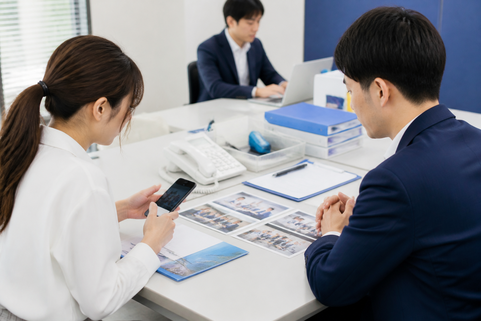 SNS投稿前に写真と資料を照合して安全確認するスタッフ
