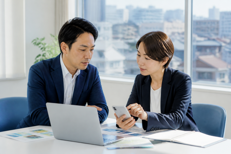地方議員事務所でスマートフォンを使いSNS発信計画を確認するスタッフ