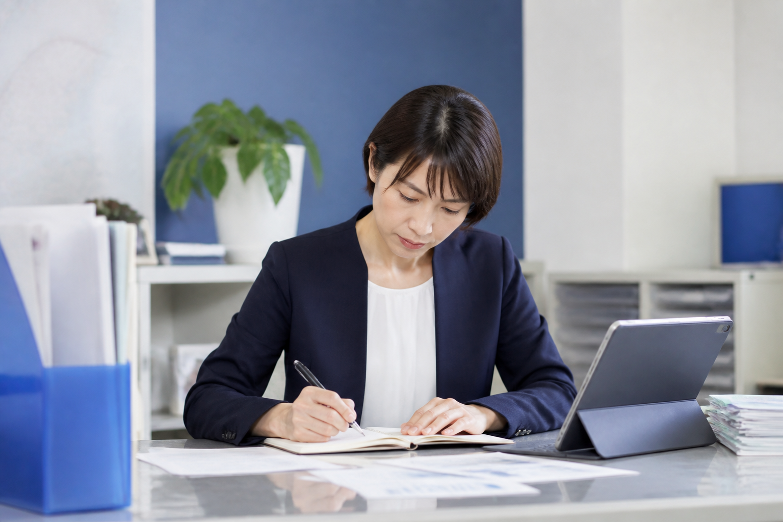 地域課題と活動方針をノートに整理する政治活動関係者